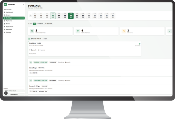 Bowls club booking dashboard for managing bookings and walk-ins